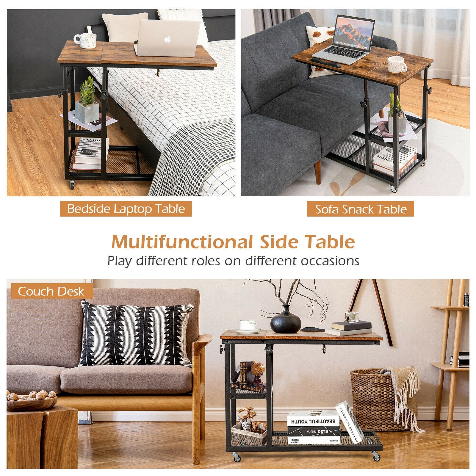Adjustable C-Shaped Bedside Table, Rustic Brown End & Side Tables at Gallery Canada