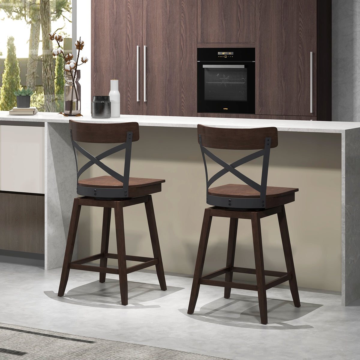 Set Of 2 Wooden Swivel Bar Stools, 24 Inches, Brown Bar Stools at Gallery Canada
