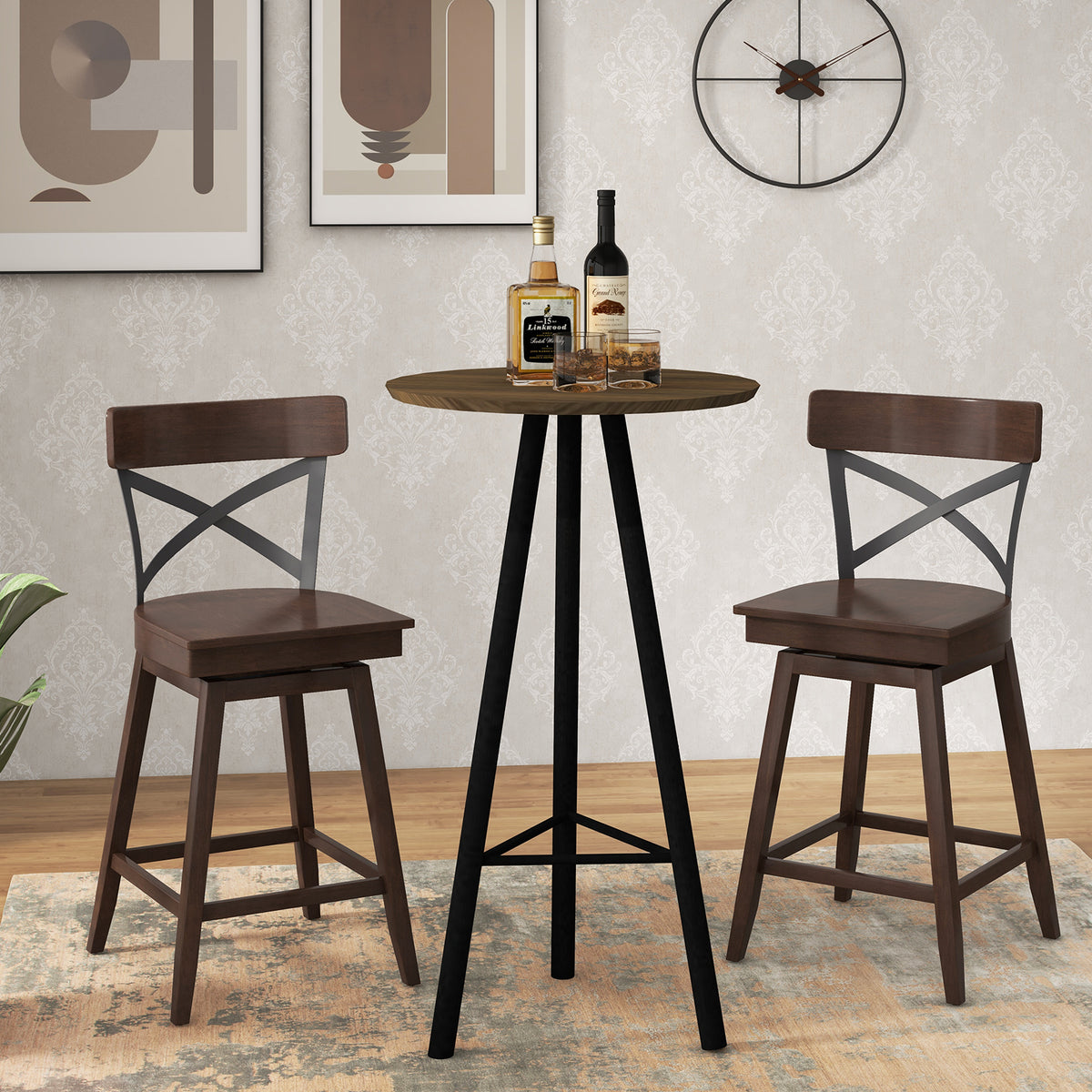 Set Of 2 Wooden Swivel Bar Stools, 24 Inches, Brown Bar Stools at Gallery Canada