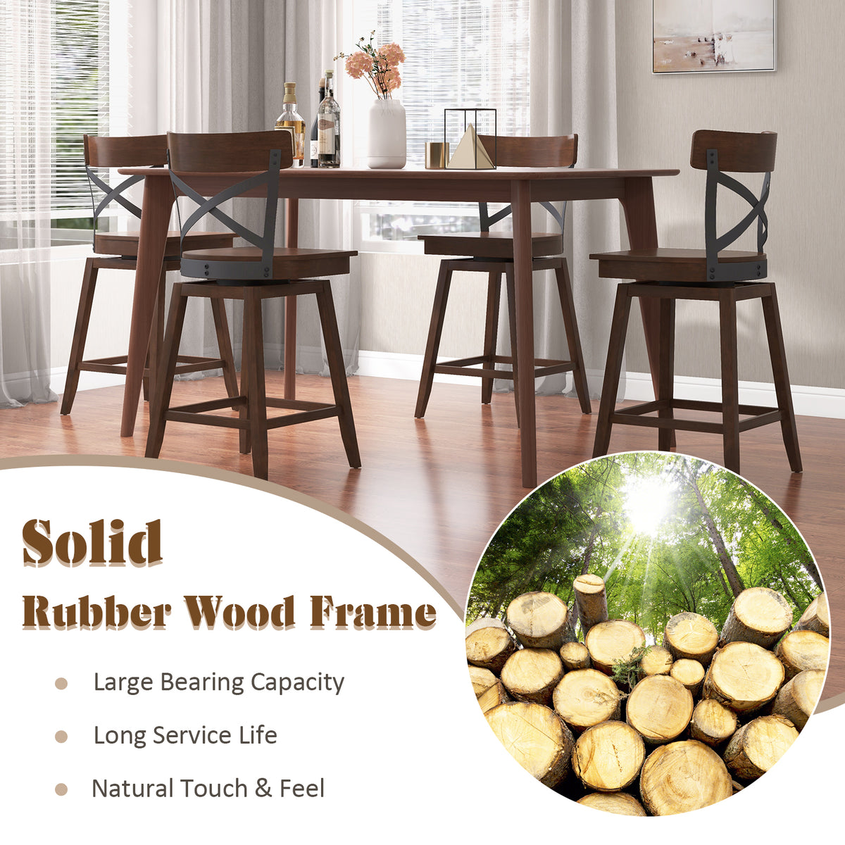 Set Of 2 Wooden Swivel Bar Stools, 24 Inches, Brown Bar Stools at Gallery Canada