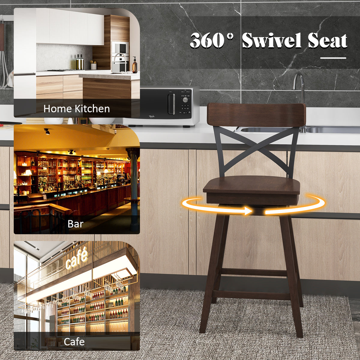 Set Of 2 Wooden Swivel Bar Stools, 24 Inches, Brown Bar Stools at Gallery Canada