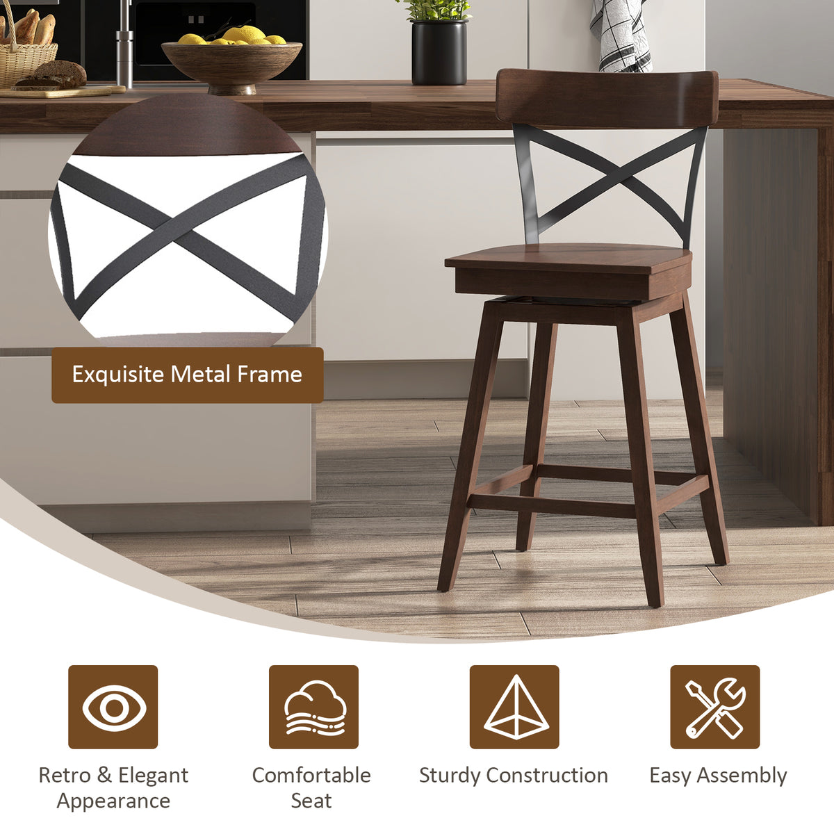 Set Of 2 Wooden Swivel Bar Stools, 24 Inches, Brown Bar Stools at Gallery Canada