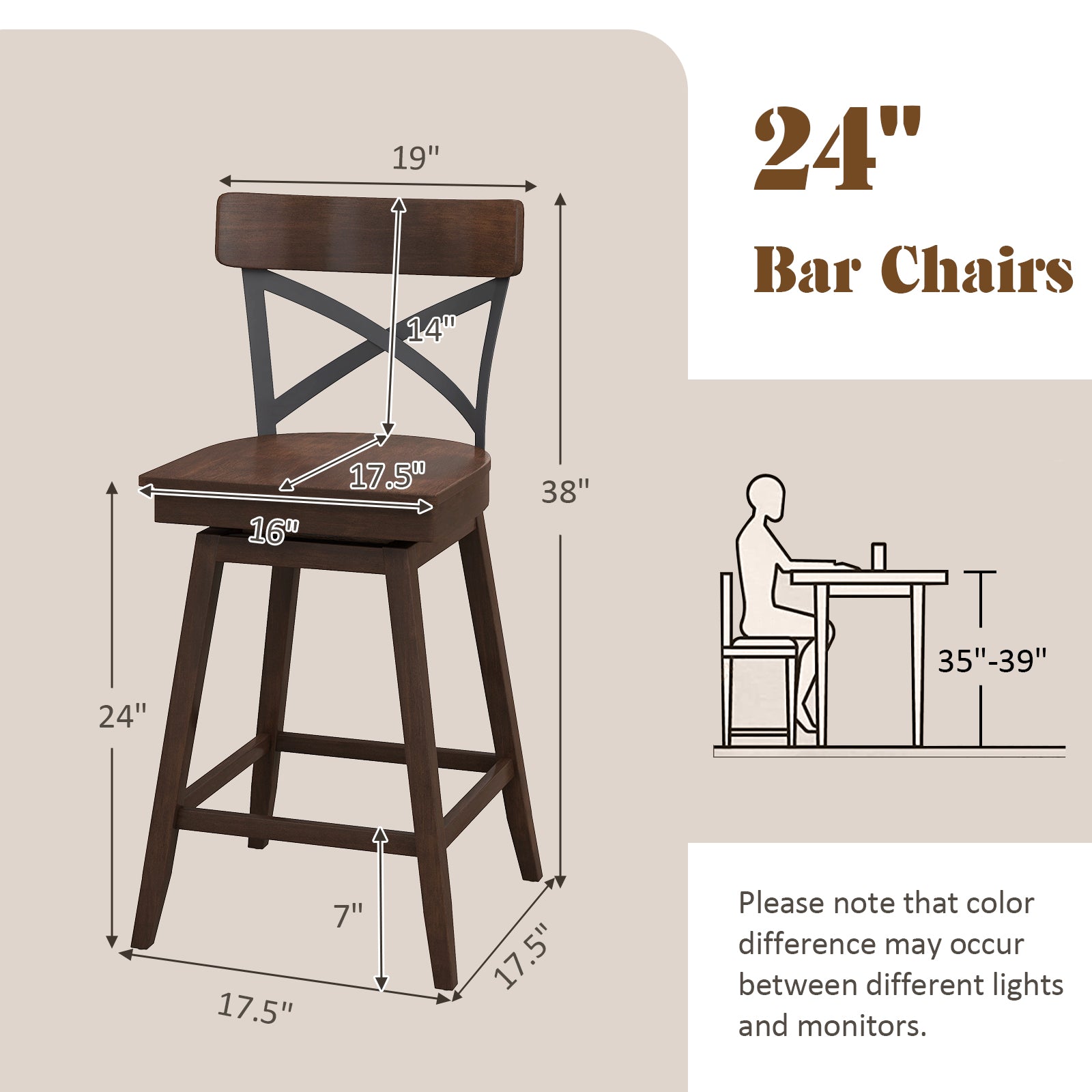 Set Of 2 Wooden Swivel Bar Stools, 24 Inches, Brown Bar Stools at Gallery Canada
