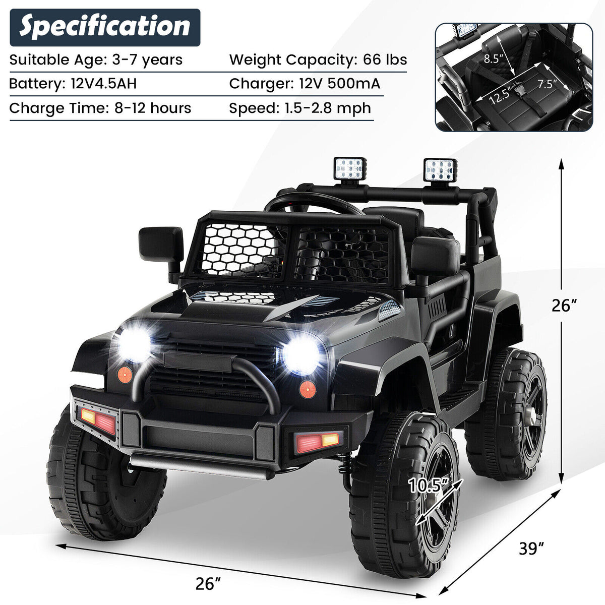 12V Kids Ride On Truck, Remote Control, Headlights, Black Powered Ride On Toys at Gallery Canada