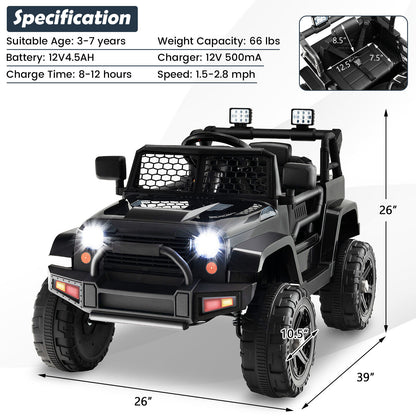 12V Kids Ride On Truck, Remote Control, Headlights, Black Powered Ride On Toys at Gallery Canada