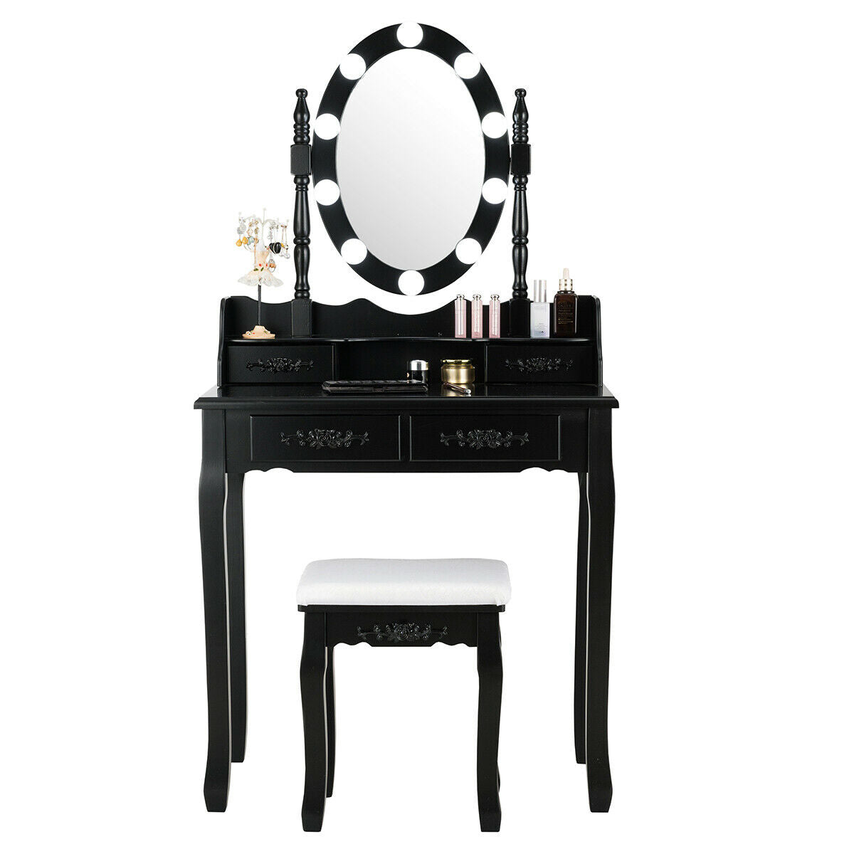 Makeup Dressing Table, Touch Switch Lighted Mirror, Cushioned Stool, Black Makeup Vanities at Gallery Canada