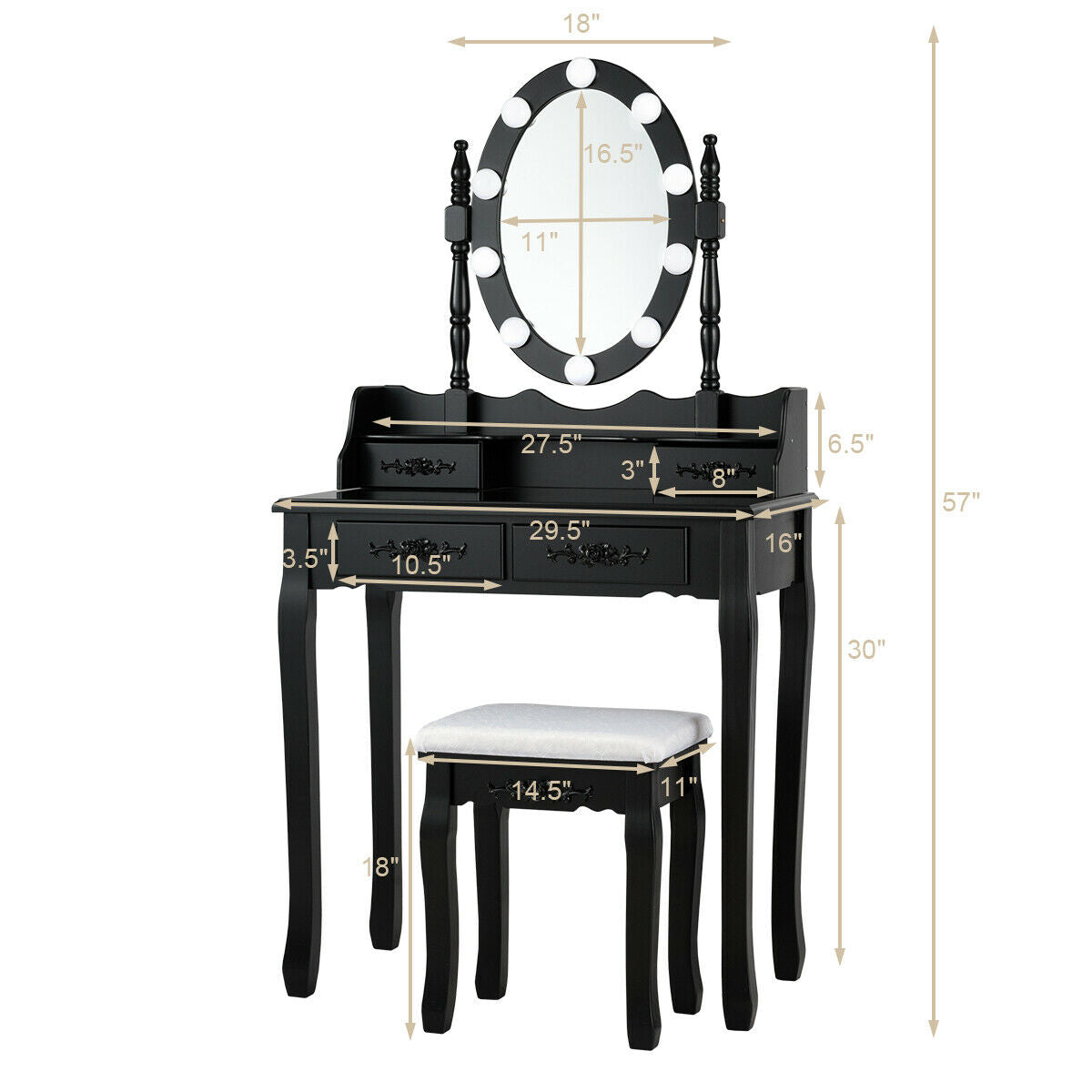 Makeup Dressing Table, Touch Switch Lighted Mirror, Cushioned Stool, Black Makeup Vanities at Gallery Canada