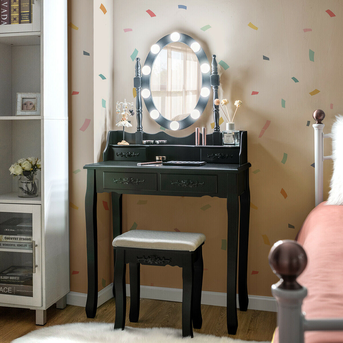 Makeup Dressing Table, Touch Switch Lighted Mirror, Cushioned Stool, Black Makeup Vanities at Gallery Canada