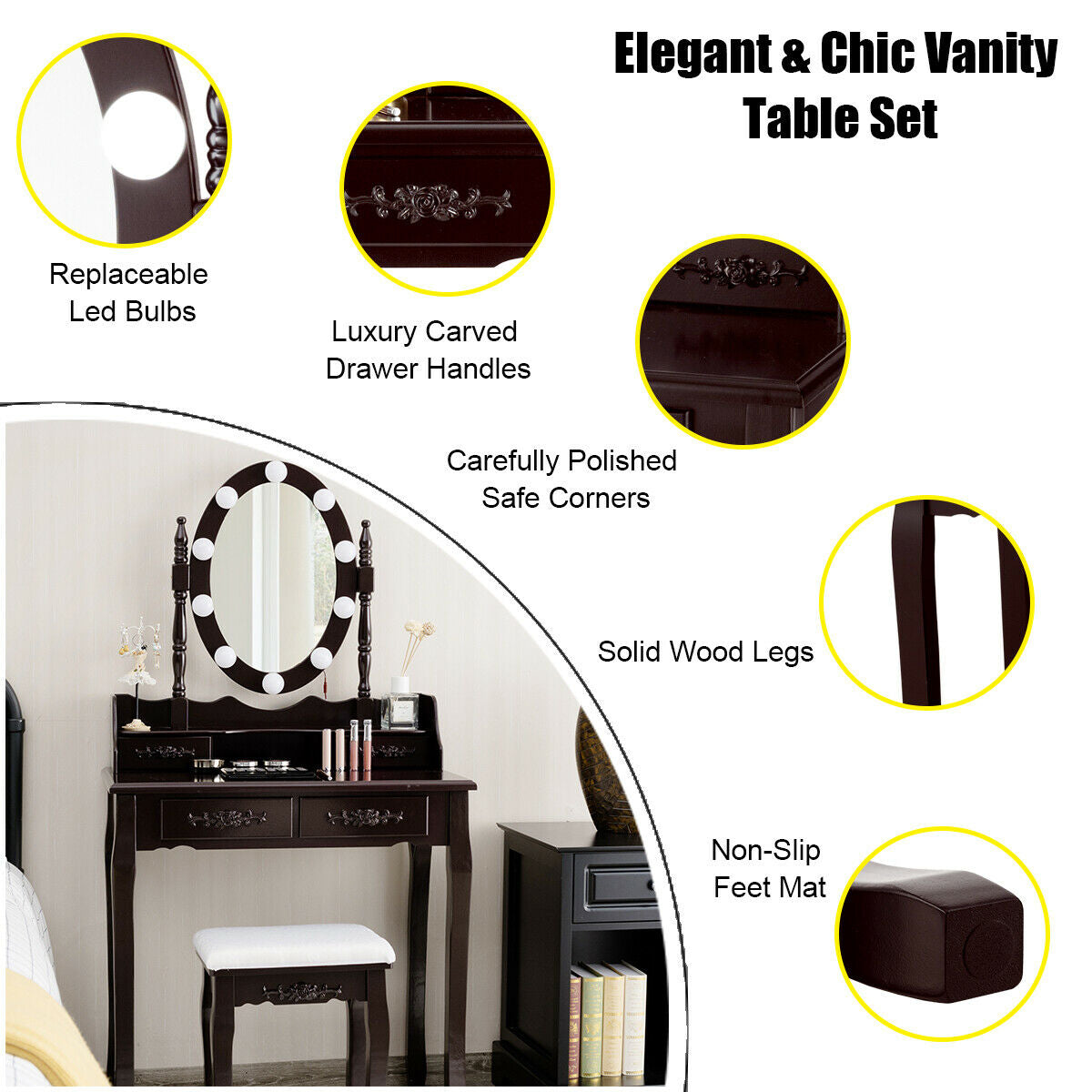 Makeup Dressing Table With Touch Switch Lighted Mirror, Cushioned Stool, Brown Makeup Vanities at Gallery Canada