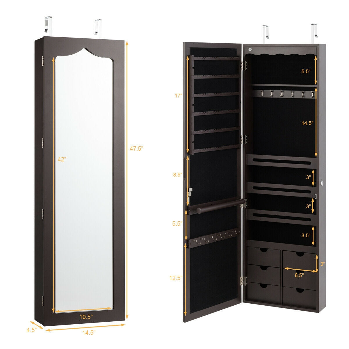 5 LED Lockable Mirror Jewelry Cabinet, 6 Drawers, Brown Jewelry Armoires at Gallery Canada