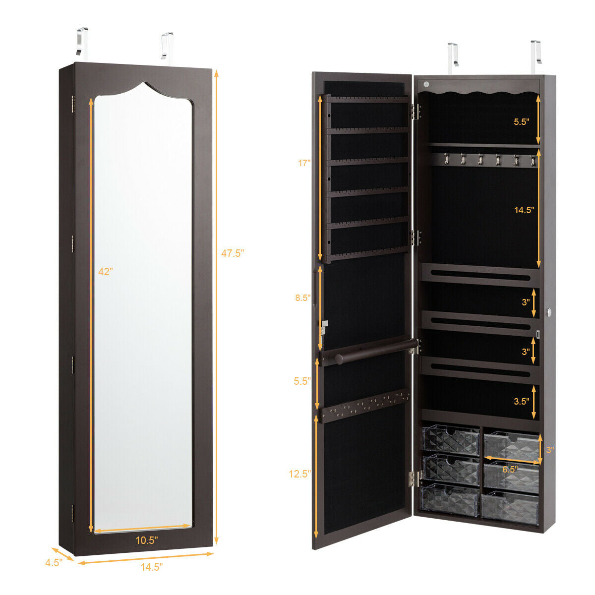 Door Hanging Mirror Jewelry Armoire, Full Length Mirror, 6 Drawers, Brown Jewelry Armoires at Gallery Canada