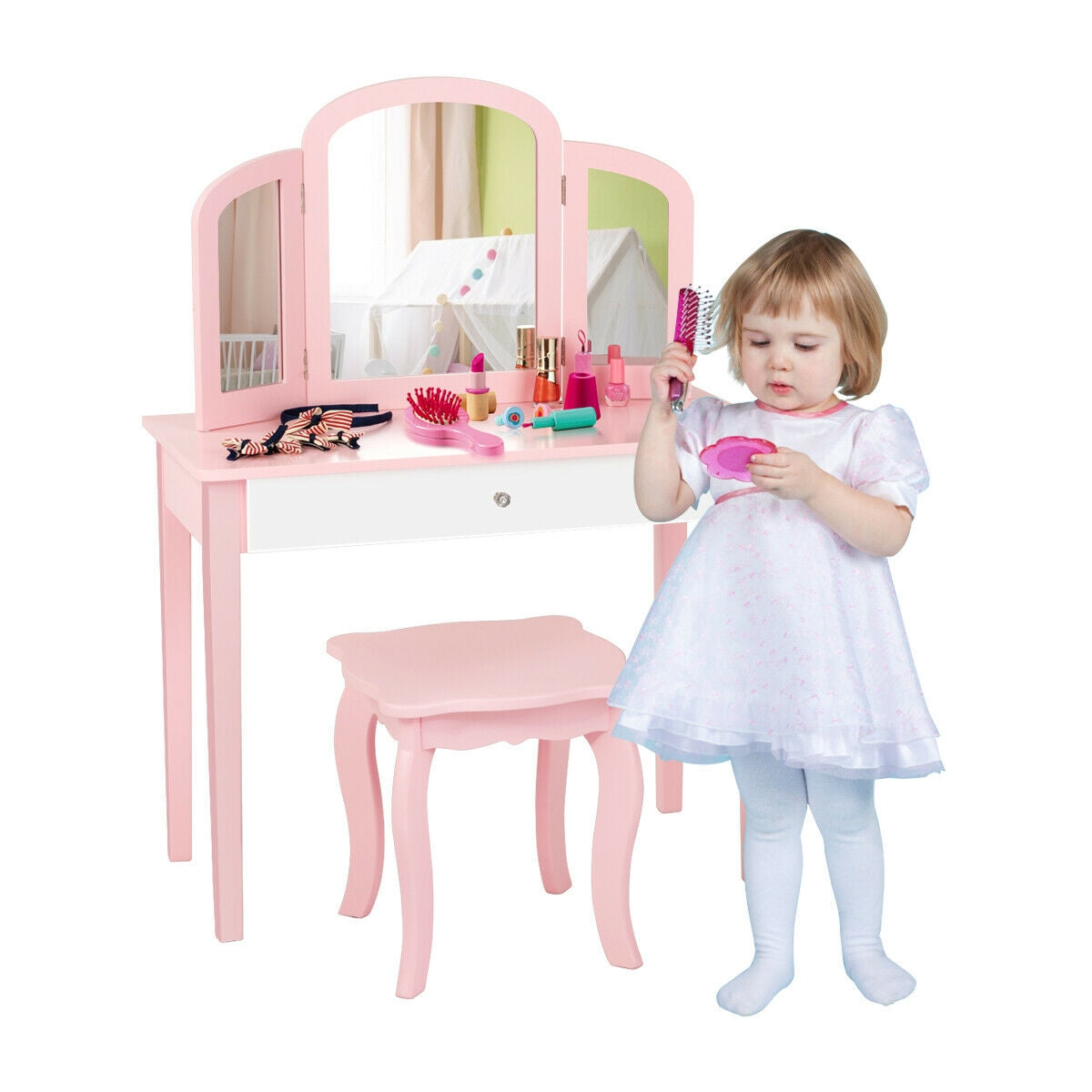 Kids Princess Makeup Dressing Table With Tri-Folding Mirror, Chair, Pink Kids Vanities at Gallery Canada