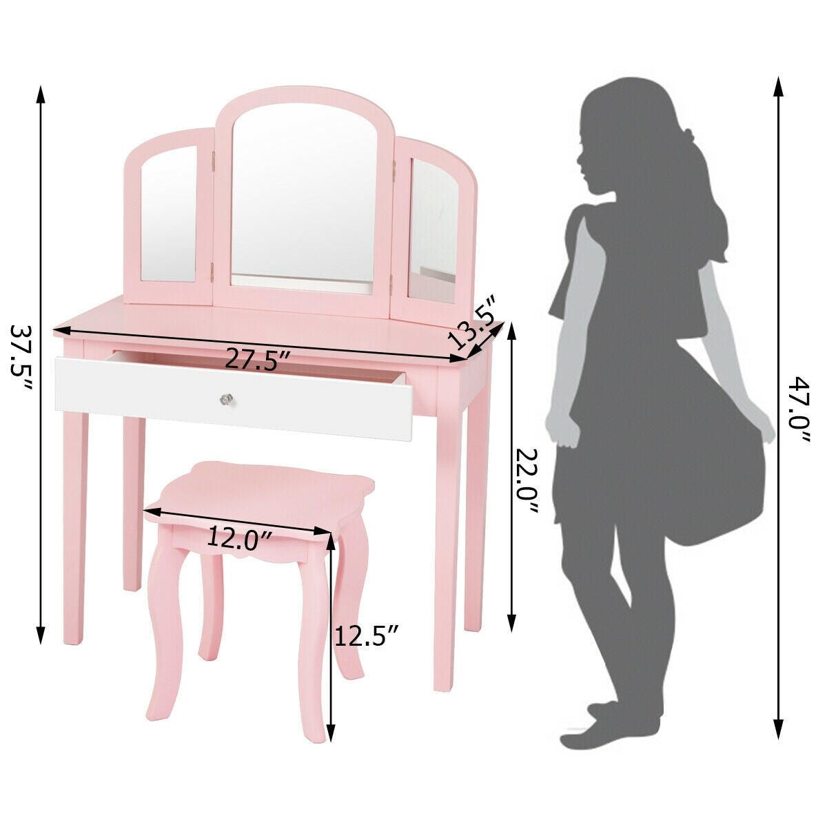 Kids Princess Makeup Dressing Table With Tri-Folding Mirror, Chair, Pink Kids Vanities at Gallery Canada
