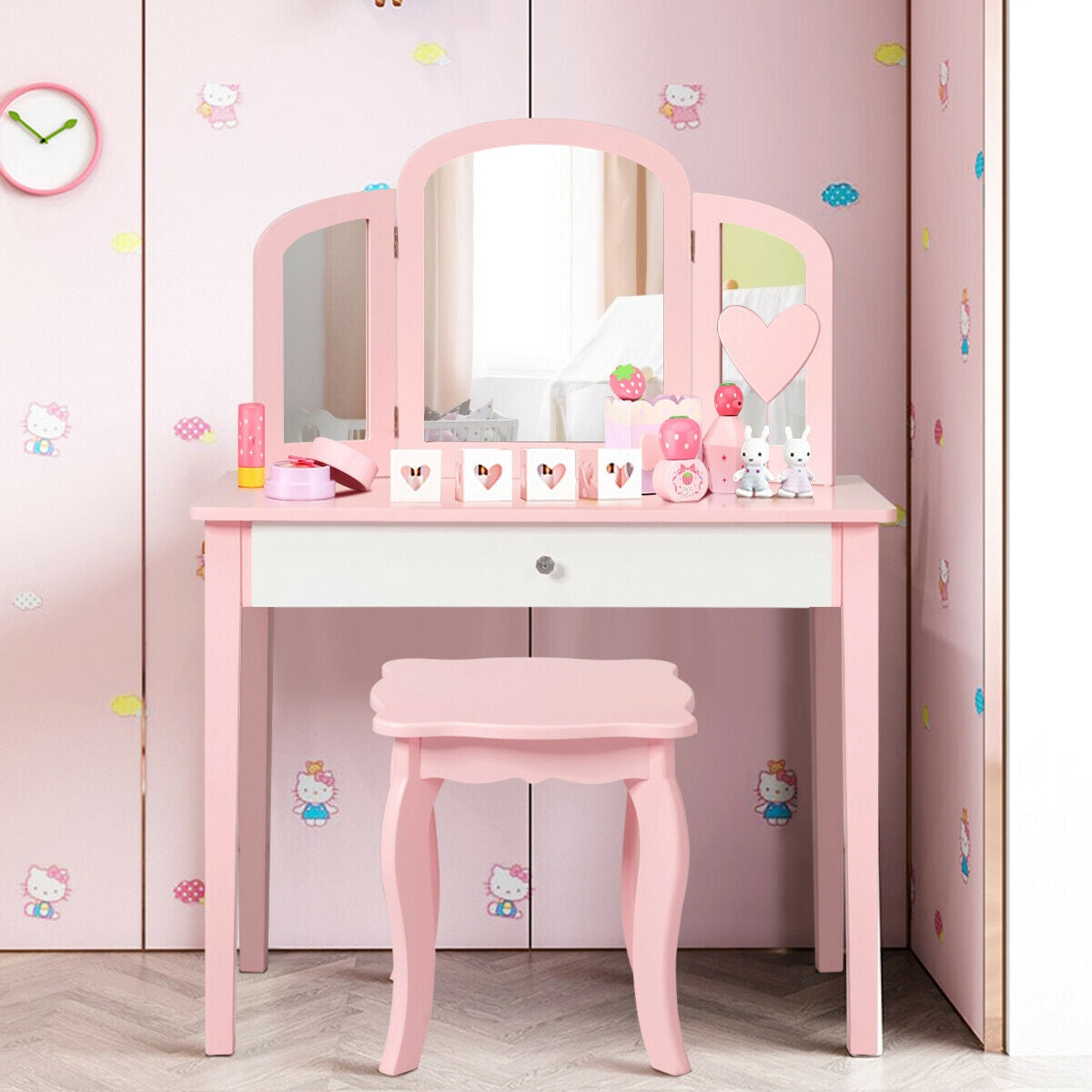 Kids Princess Makeup Dressing Table With Tri-Folding Mirror, Chair, Pink Kids Vanities at Gallery Canada