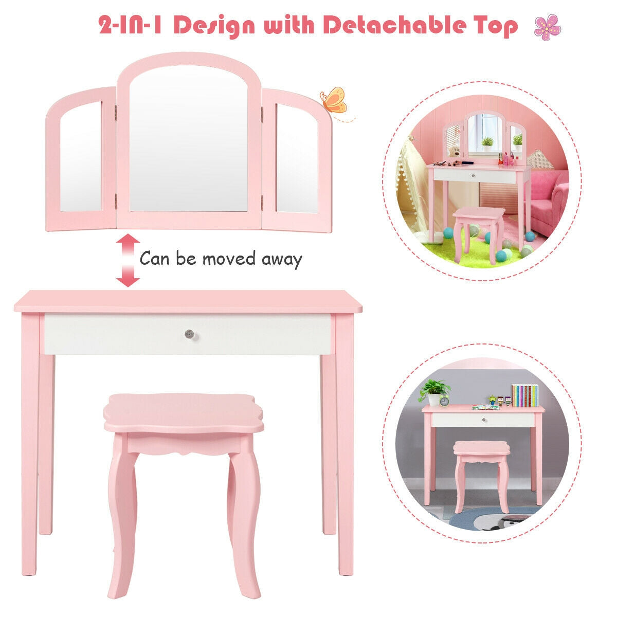 Kids Princess Makeup Dressing Table With Tri-Folding Mirror, Chair, Pink Kids Vanities at Gallery Canada