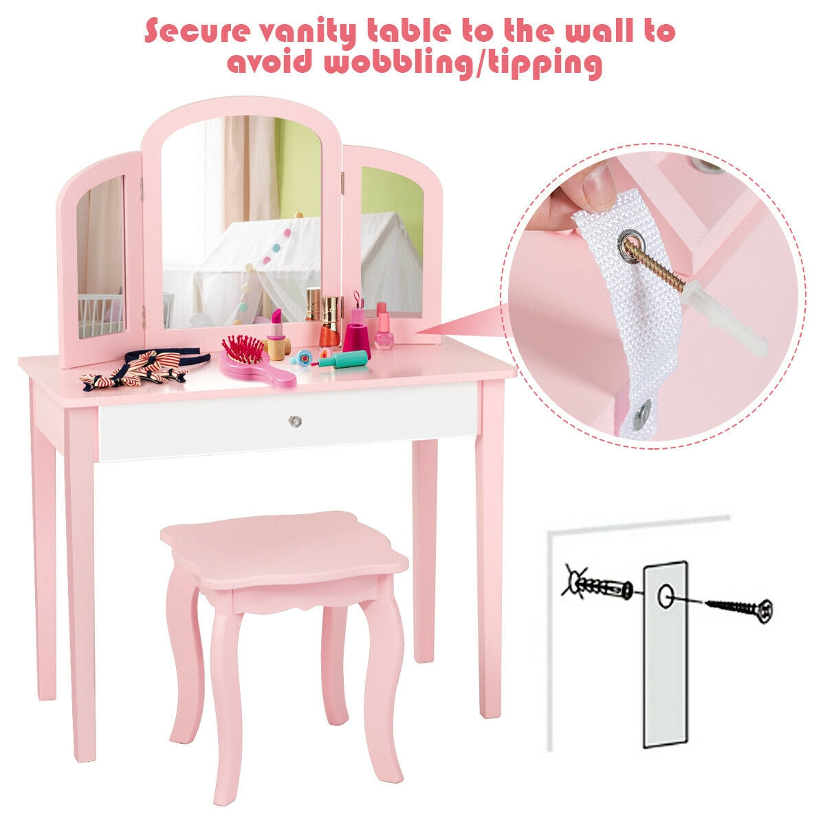 Kids Princess Makeup Dressing Table With Tri-Folding Mirror, Chair, Pink Kids Vanities at Gallery Canada