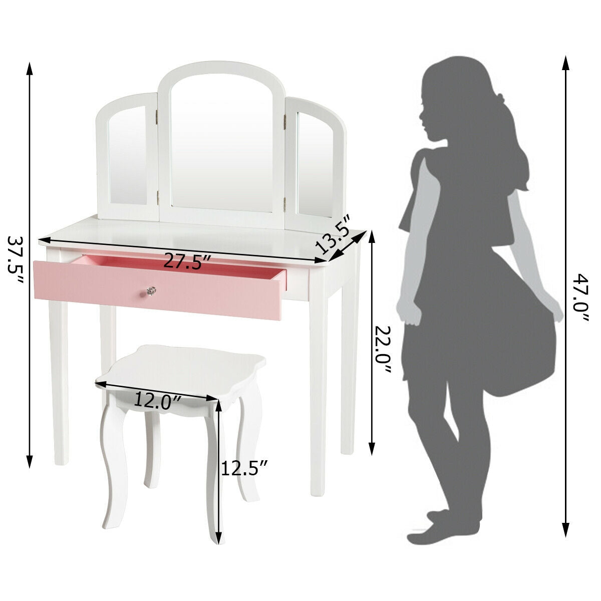 Kids Princess Makeup Dressing Table, Tri-Folding Mirror, Chair, White Kids Vanities at Gallery Canada
