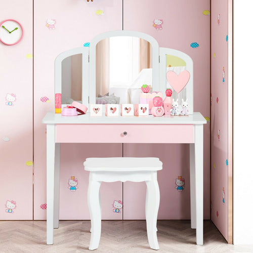 Kids Princess Makeup Dressing Table, Tri-Folding Mirror, Chair, White