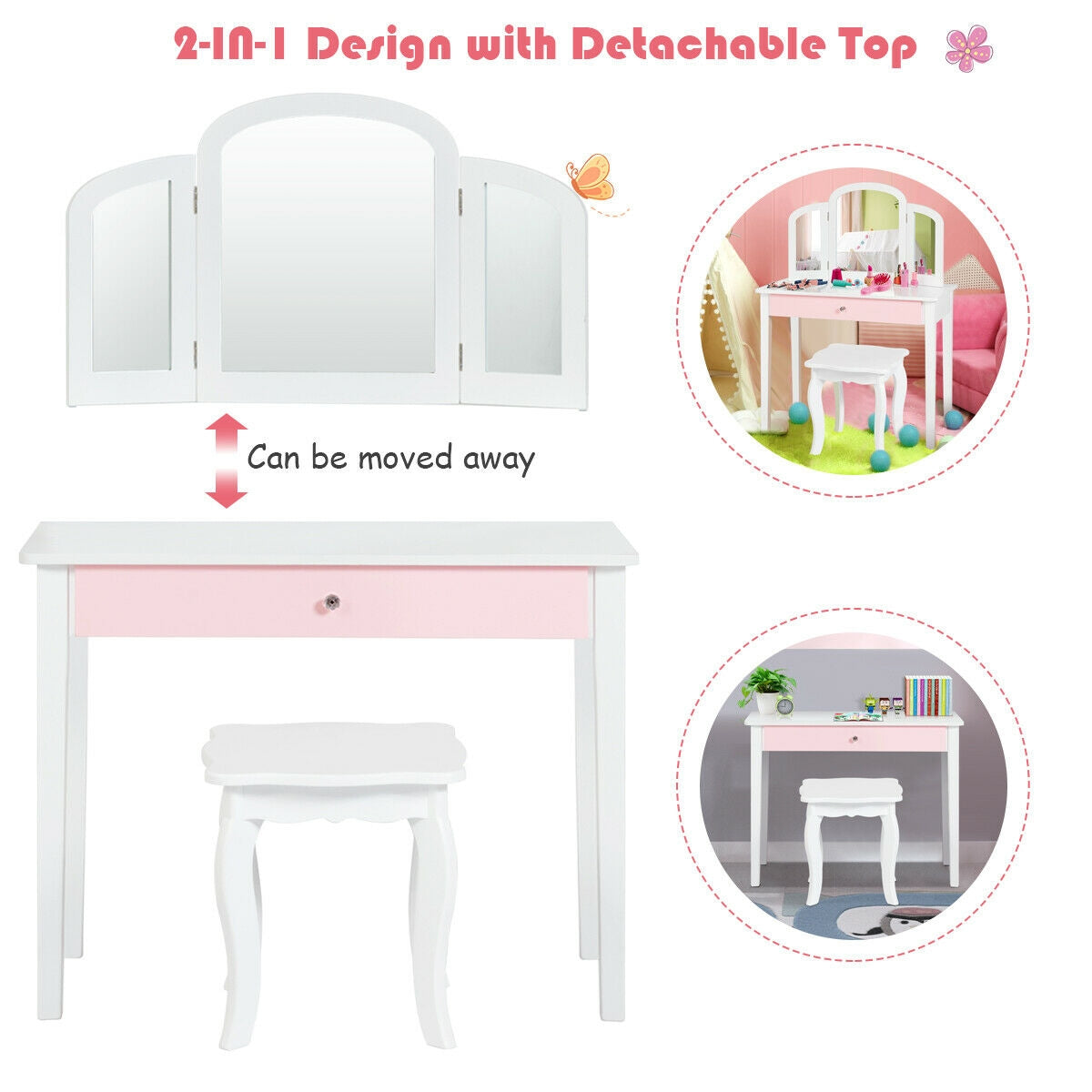 Kids Princess Makeup Dressing Table, Tri-Folding Mirror, Chair, White Kids Vanities at Gallery Canada