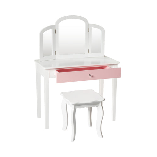 Kids Princess Makeup Dressing Table, Tri-Folding Mirror, Chair, White