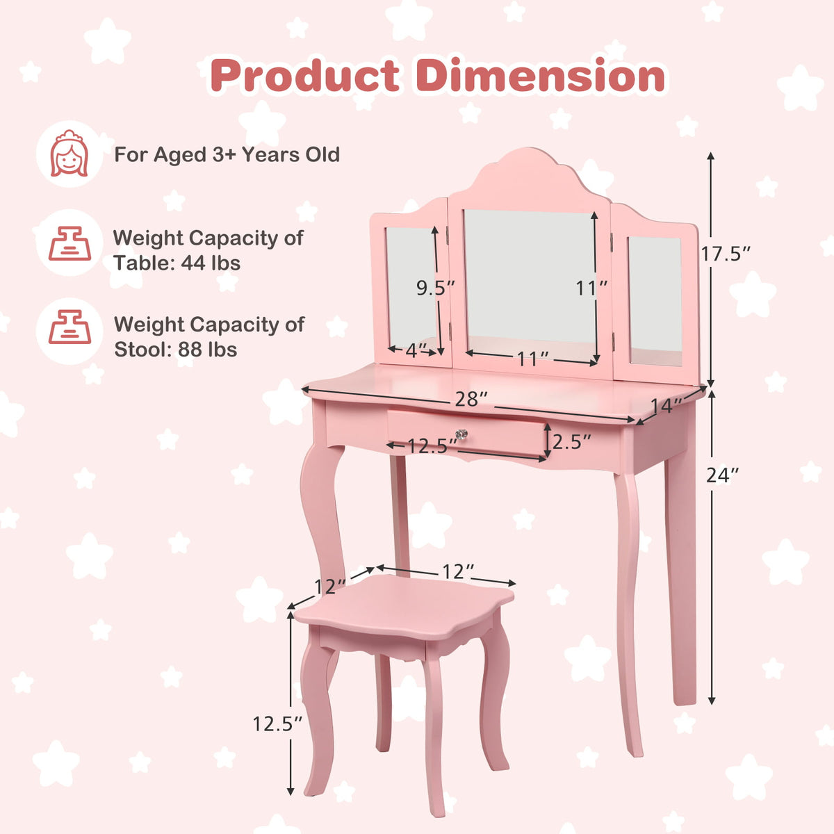 Kids Makeup Vanity Table With Stool, Pink Kids Vanities at Gallery Canada