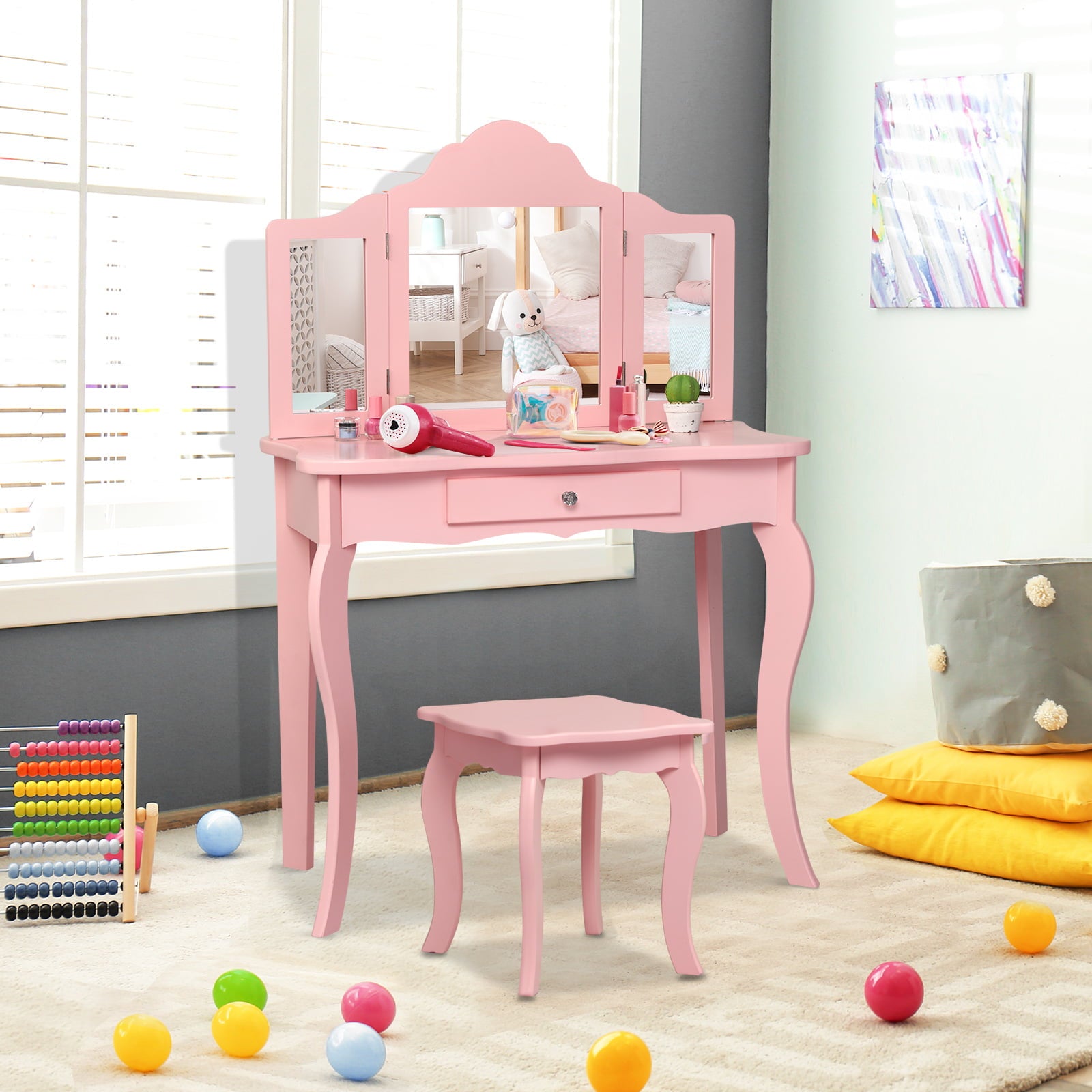 Kids Makeup Vanity Table With Stool, Pink Kids Vanities at Gallery Canada