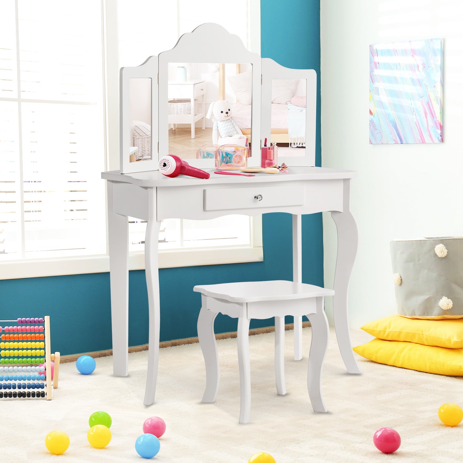 Mini Makeup Vanity Table With Stool Set, White Kids Vanities at Gallery Canada