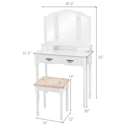 Vanity Set With Tri-Folding Mirror, Drawers, Storage Shelf, White Makeup Vanities at Gallery Canada