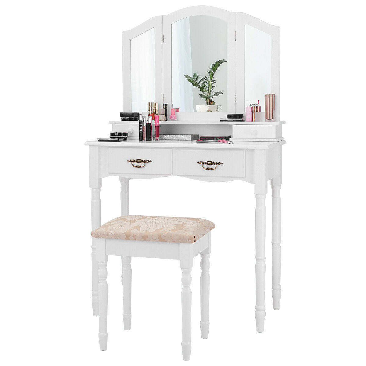 Vanity Set With Tri-Folding Mirror, Drawers, Storage Shelf, White Makeup Vanities at Gallery Canada