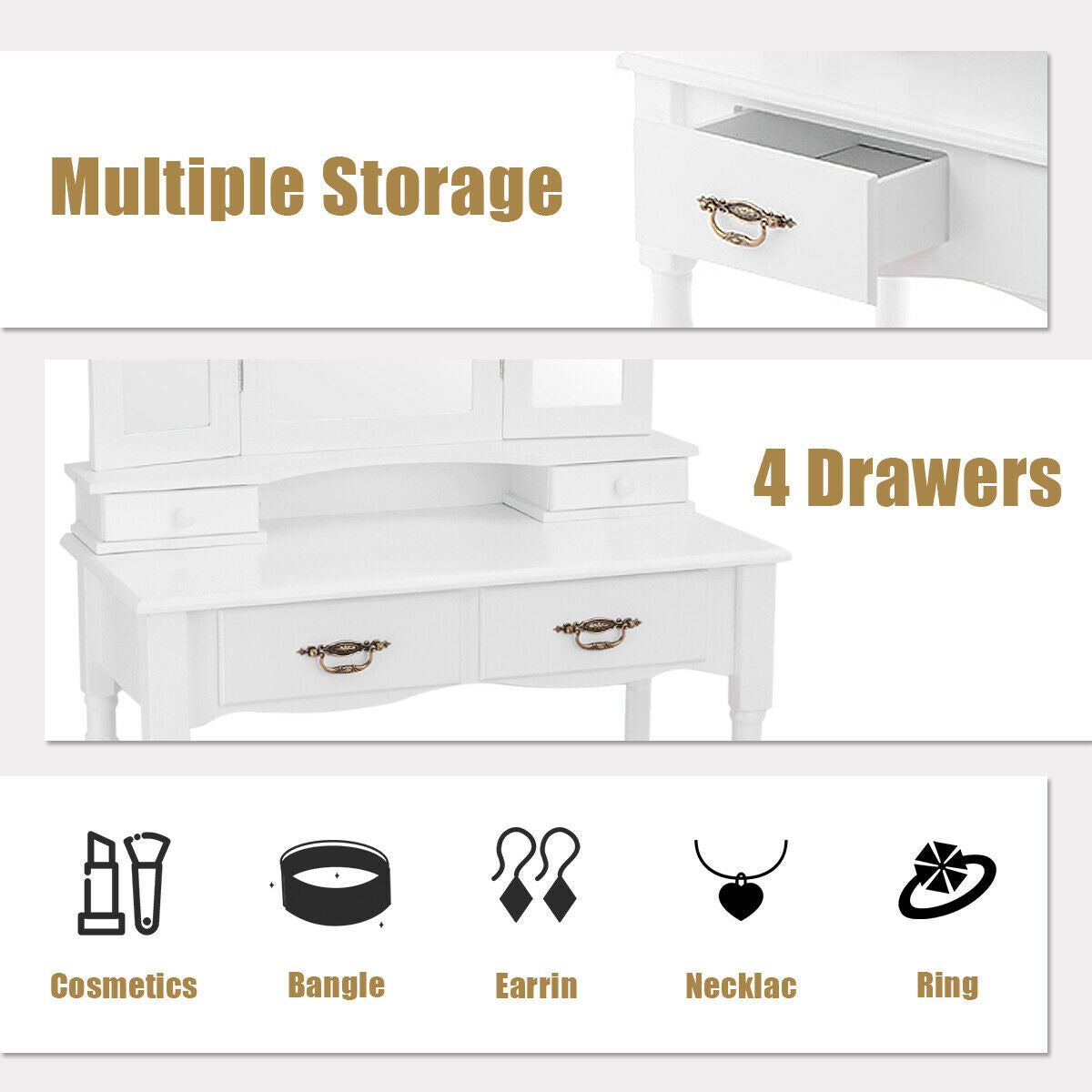 Vanity Set With Tri-Folding Mirror, Drawers, Storage Shelf, White Makeup Vanities at Gallery Canada