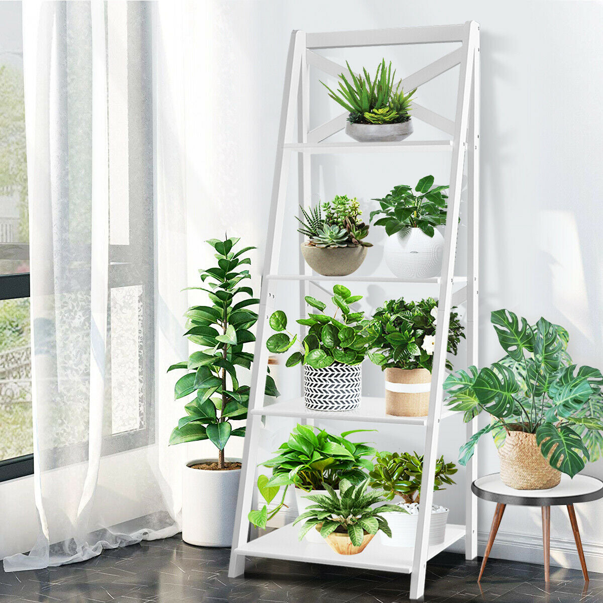 4-Tier Leaning Ladder Shelf Bookcase, White Bookcases at Gallery Canada