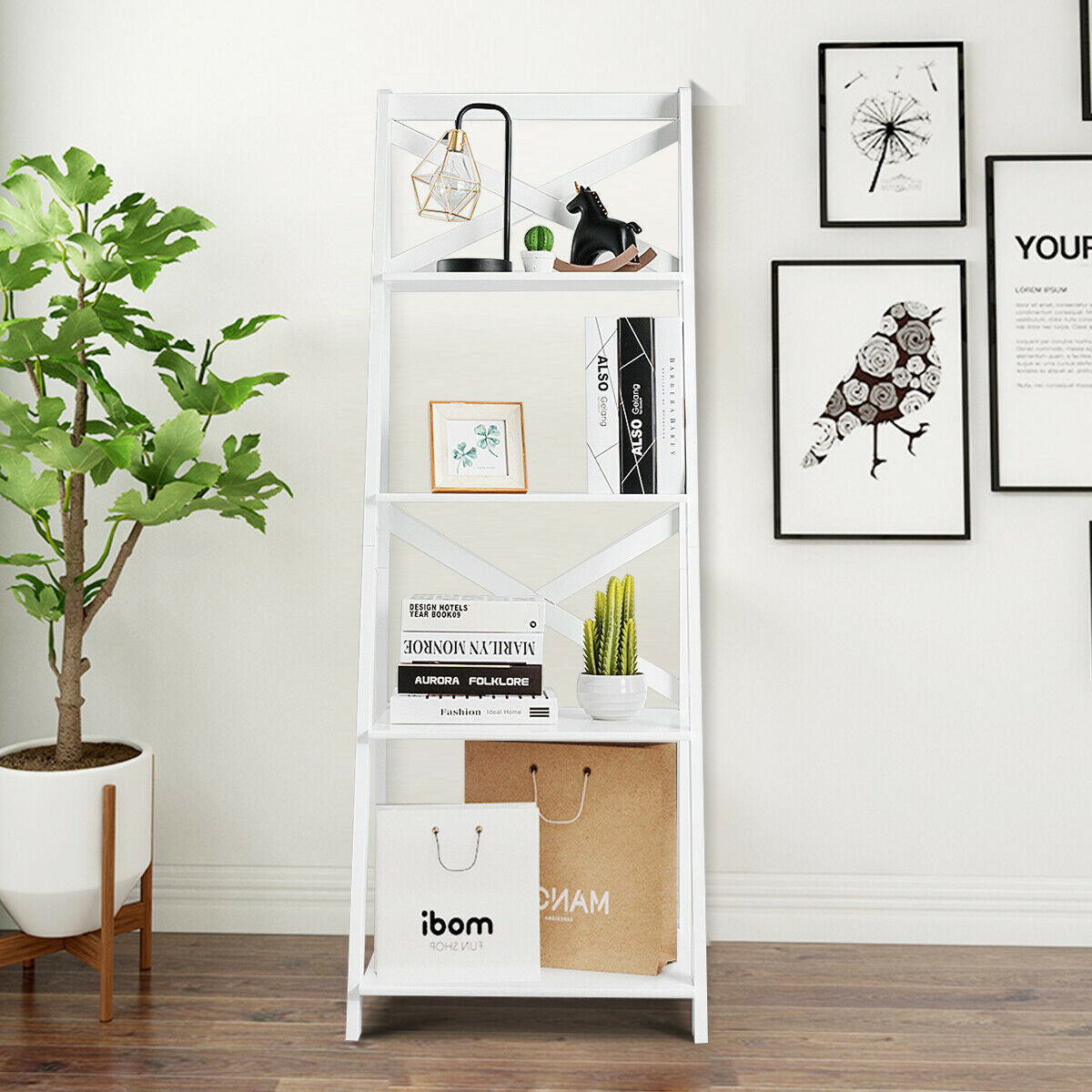 4-Tier Leaning Ladder Shelf Bookcase, White Bookcases at Gallery Canada