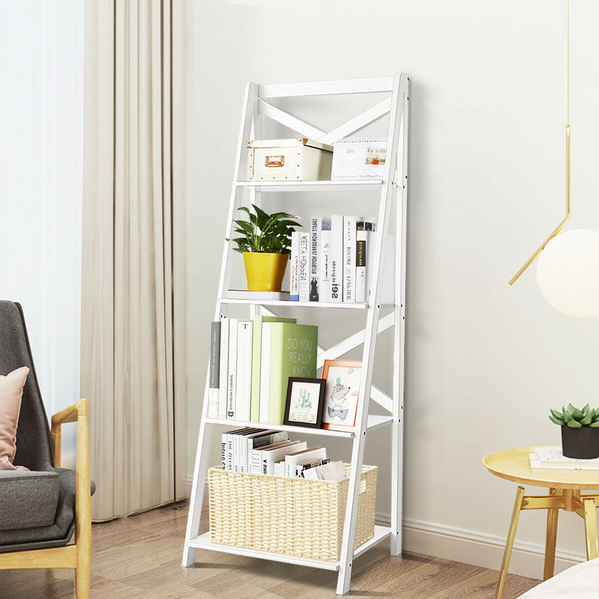 4-Tier Leaning Ladder Shelf Bookcase, White Bookcases at Gallery Canada