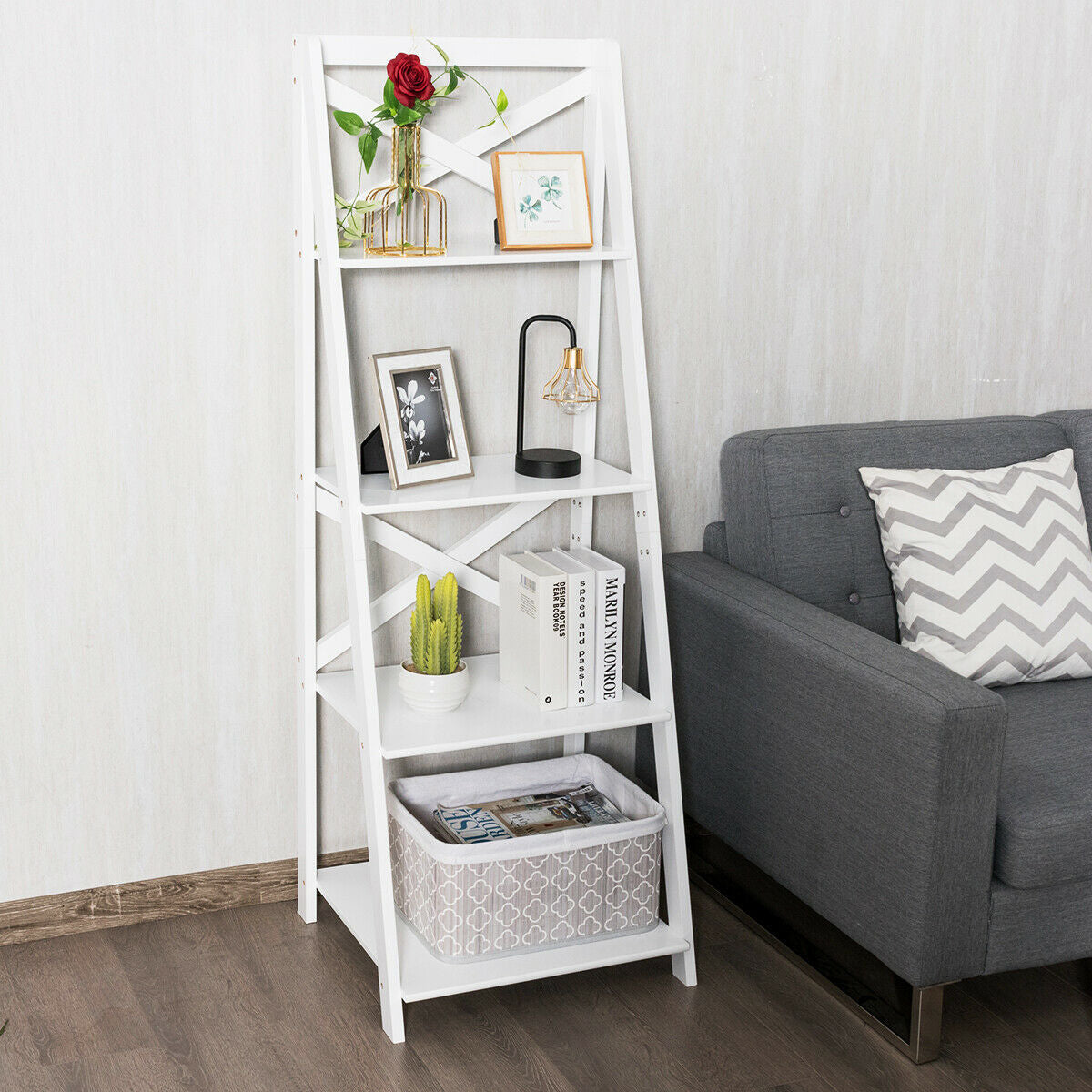 4-Tier Leaning Ladder Shelf Bookcase, White Bookcases at Gallery Canada