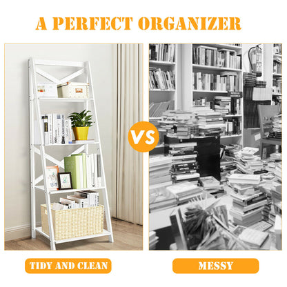 4-Tier Leaning Ladder Shelf Bookcase, White Bookcases at Gallery Canada