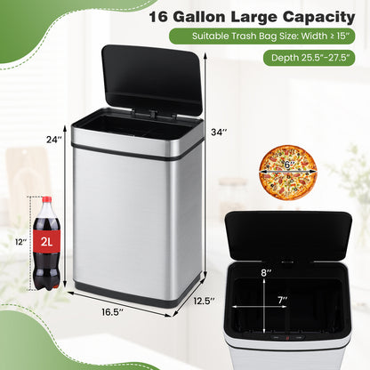 16 Gallon Trash Can Infrared Motion Sensor Garbage Can with Dual Compartments, Silver Kitchen Trash Cans at Gallery Canada