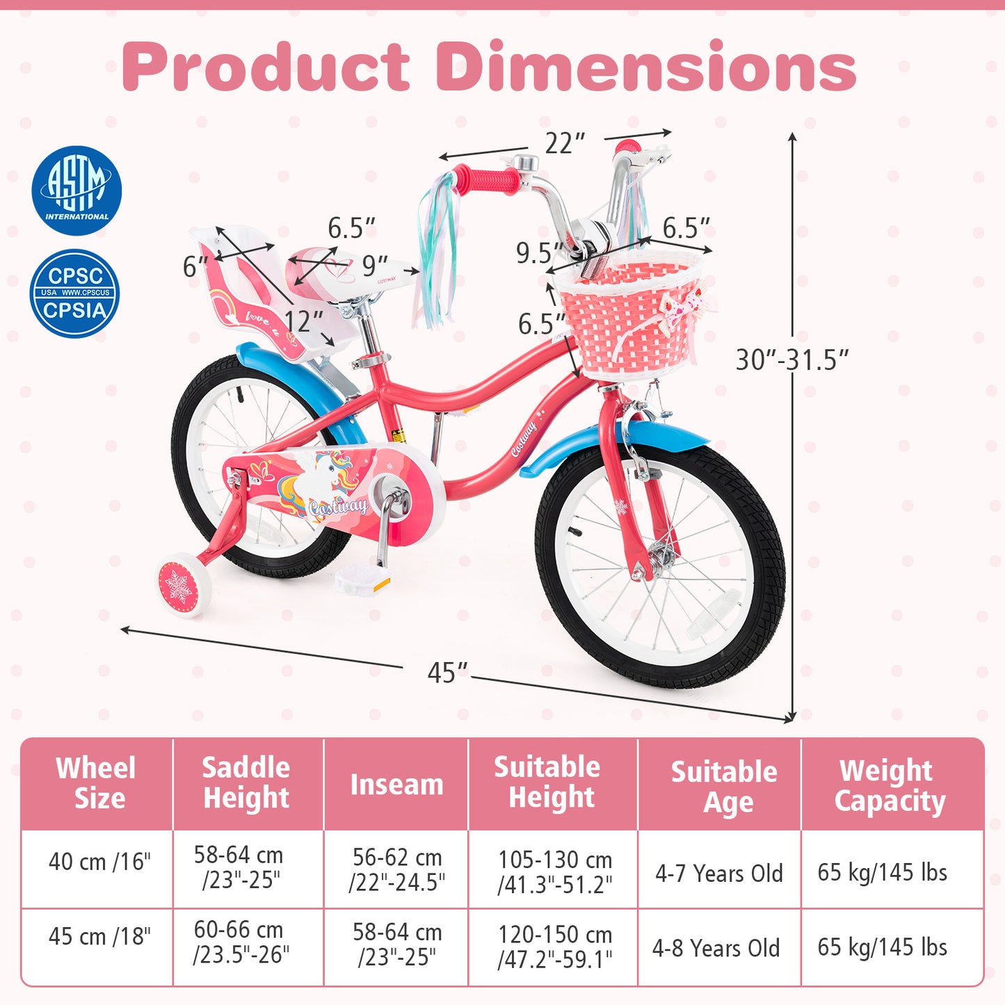 16 Inch Girls Bike, For 4-7 Years Old, With Doll Seat And Training Wheels, Pink Ride On Toys at Gallery Canada