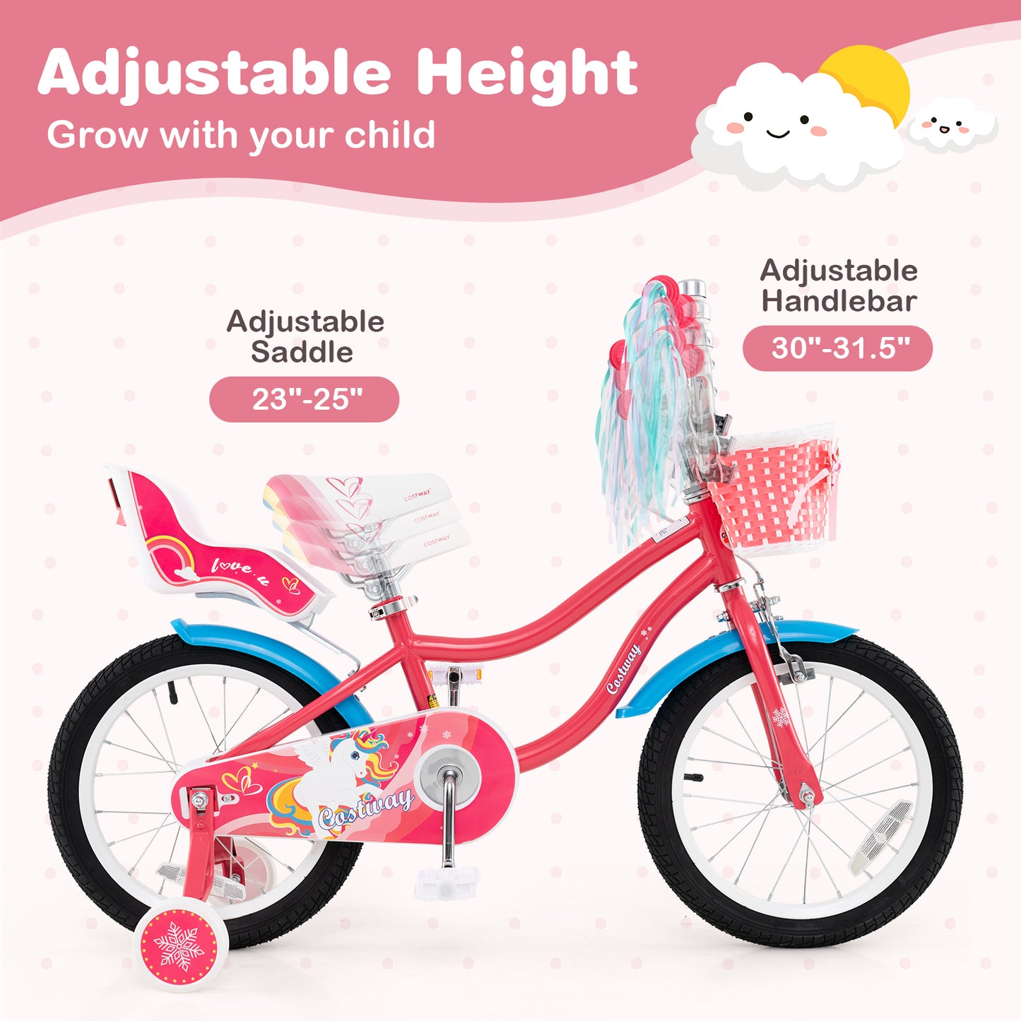 16 Inch Girls Bike, For 4-7 Years Old, With Doll Seat And Training Wheels, Pink Ride On Toys at Gallery Canada
