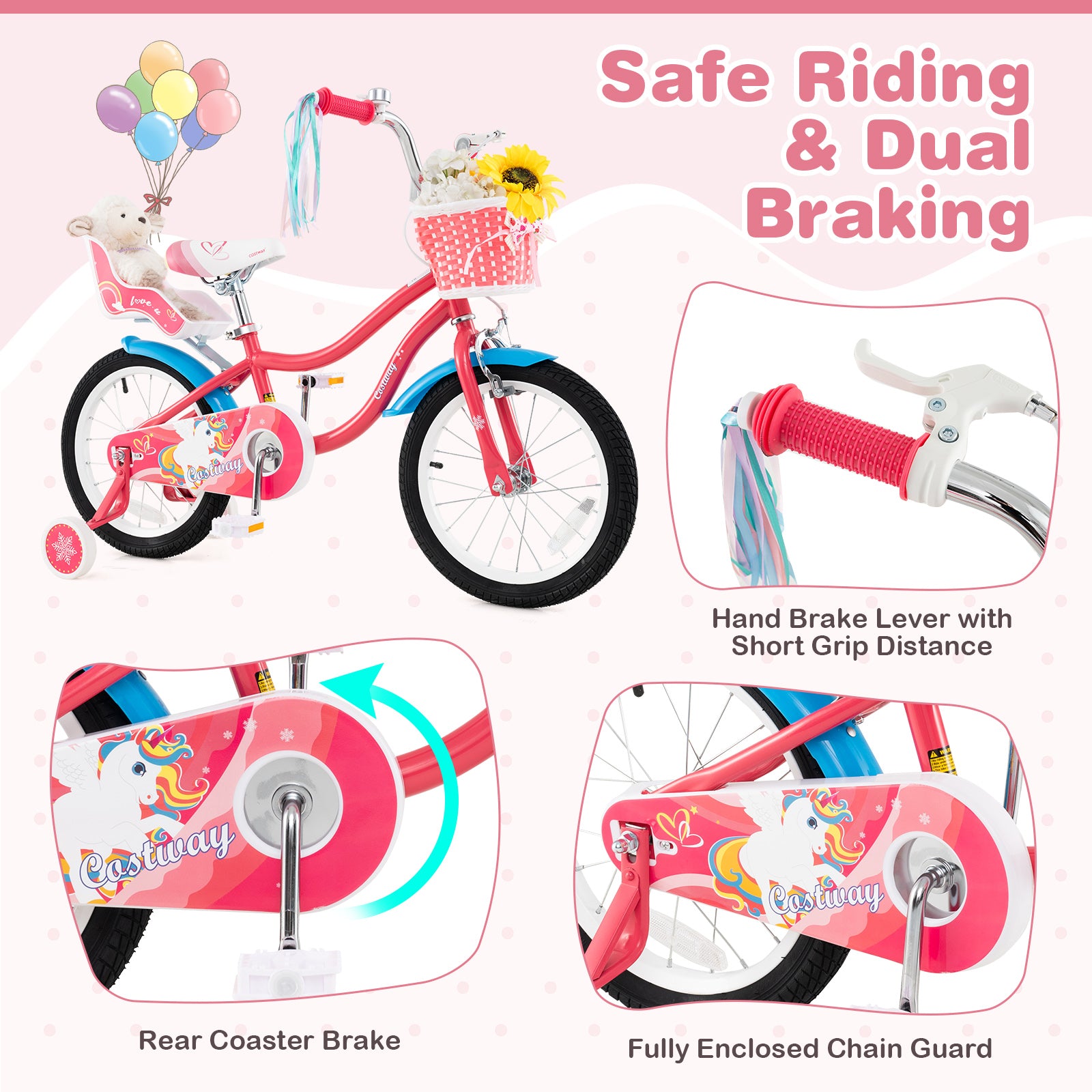 16 Inch Girls Bike, For 4-7 Years Old, With Doll Seat And Training Wheels, Pink Ride On Toys at Gallery Canada