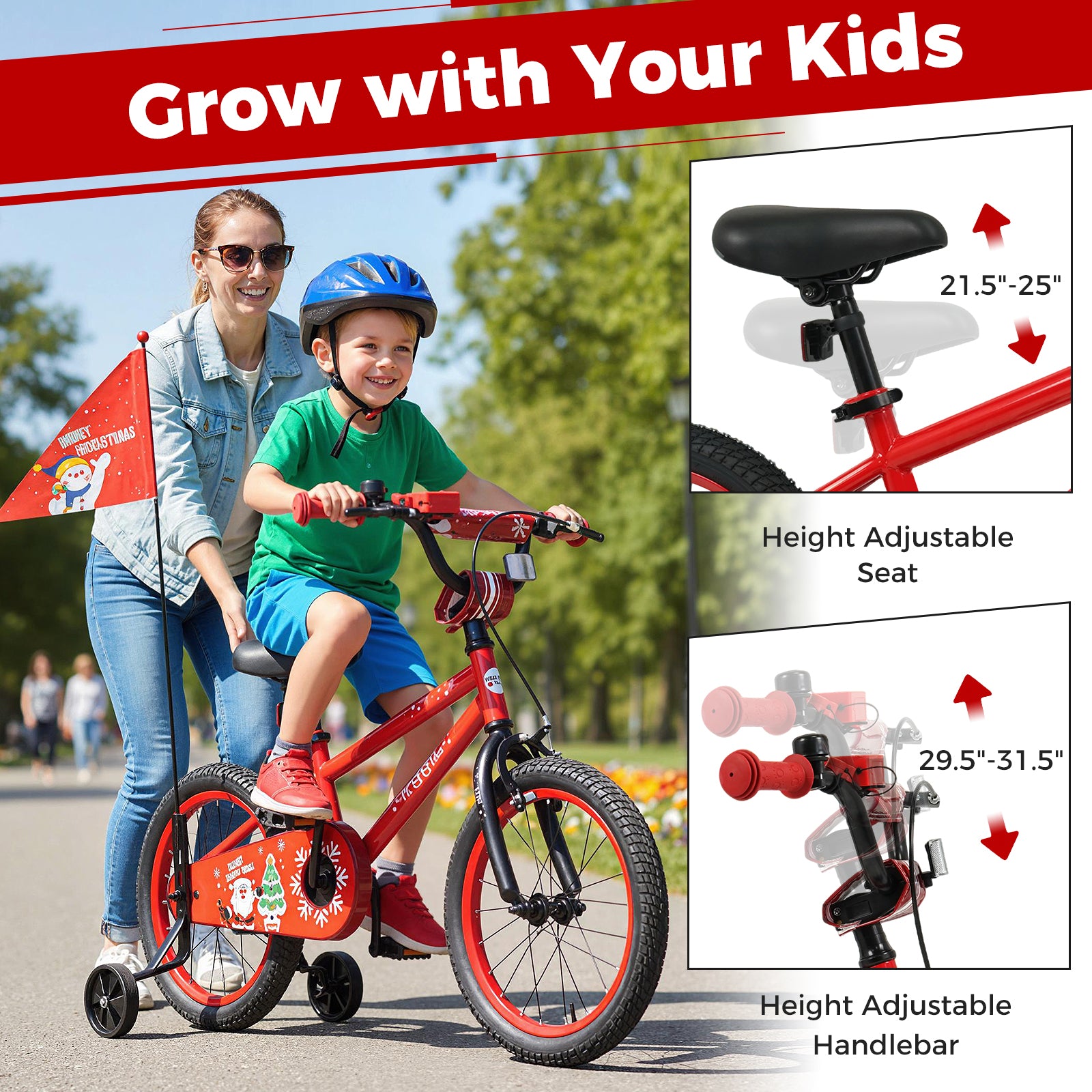 16 Inch Kids Bike Adjustable with Christmas Music & Flag for Aged 4-7 Years Old, Red Kids Bike at Gallery Canada