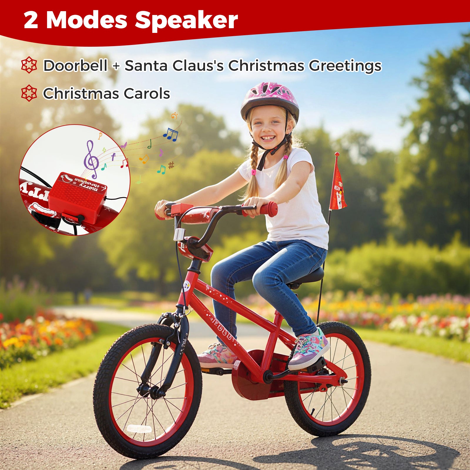16 Inch Kids Bike Adjustable with Christmas Music & Flag for Aged 4-7 Years Old, Red Kids Bike at Gallery Canada