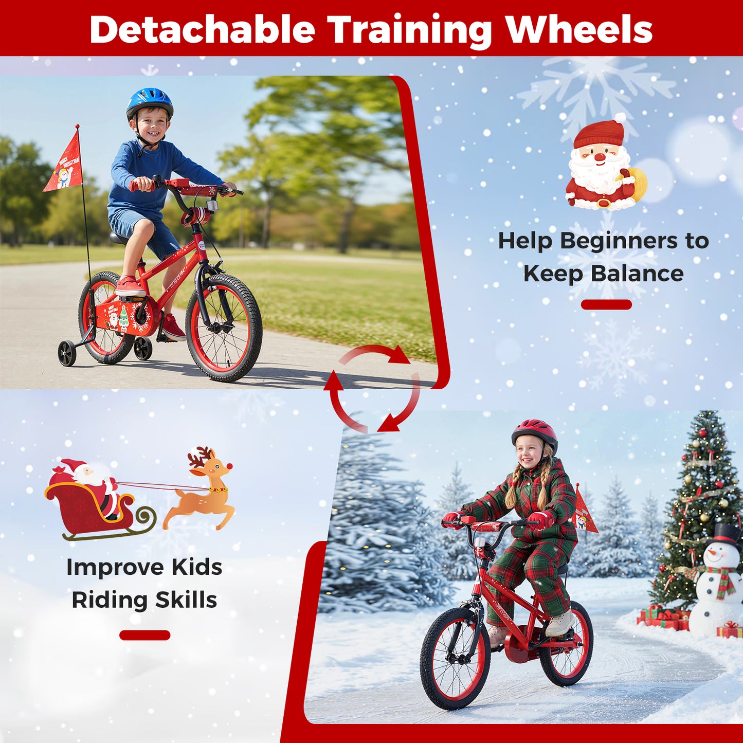 16 Inch Kids Bike Adjustable with Christmas Music & Flag for Aged 4-7 Years Old, Red Kids Bike at Gallery Canada