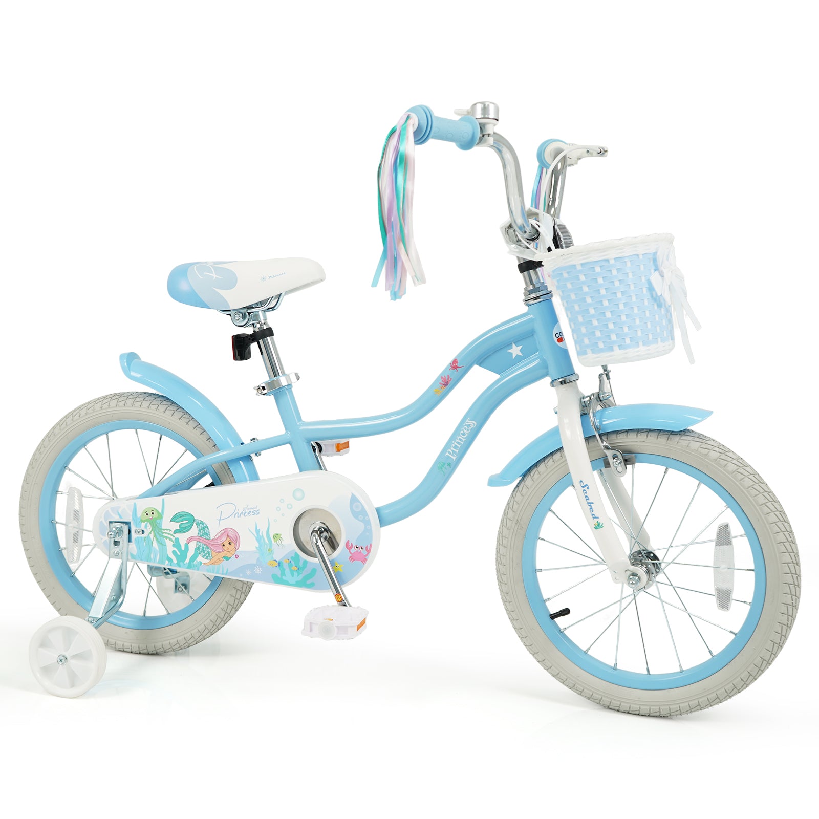 16 Inch Kids Bike, Adjustable With Basket, Princess Of The Sea Theme, Blue Kids Bike at Gallery Canada
