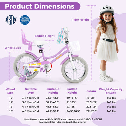 16 Inch Girls Bike, Doll Seat And Streamers, For Children 4-7 Years, Purple Kids Bike at Gallery Canada