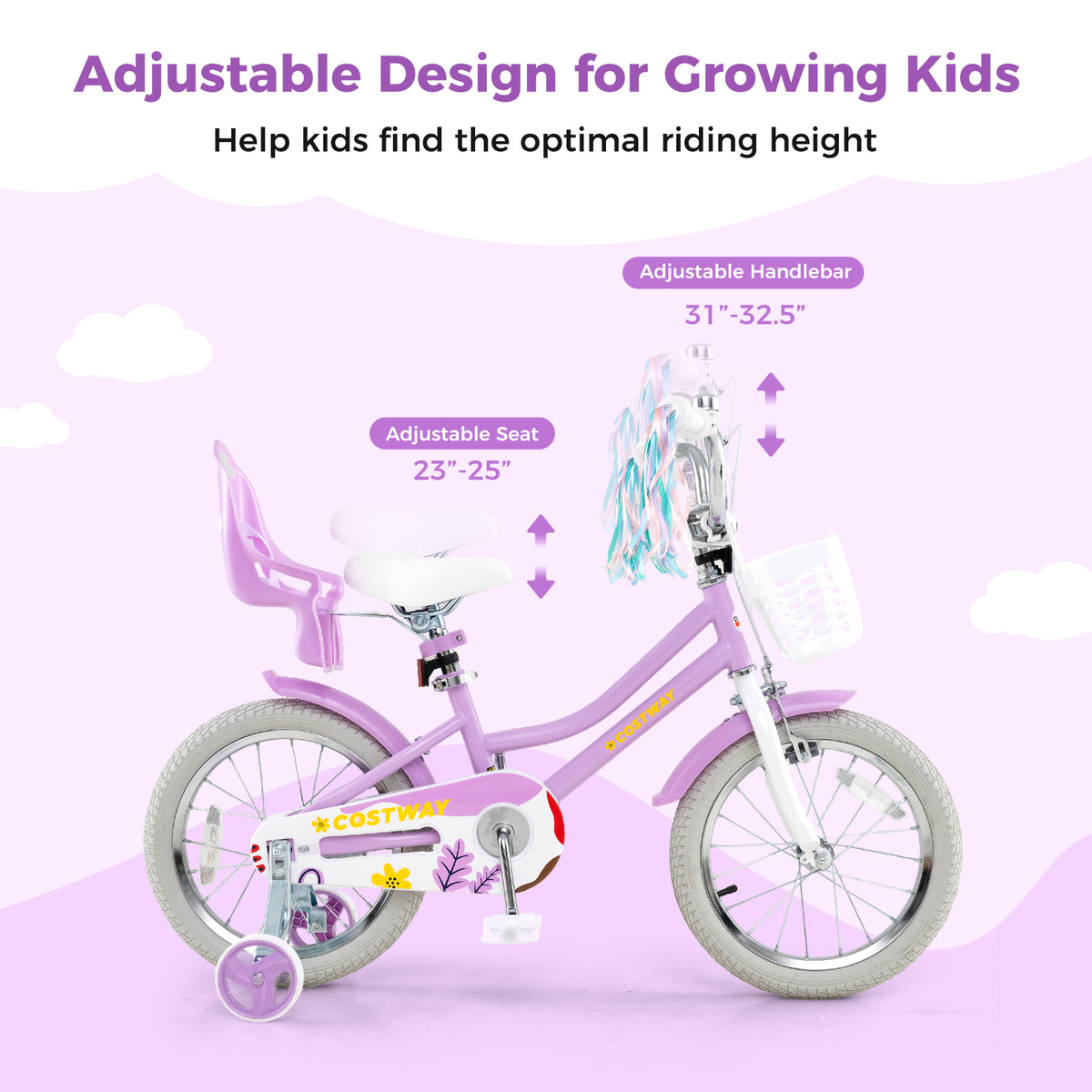 16 Inch Girls Bike, Doll Seat And Streamers, For Children 4-7 Years, Purple Kids Bike at Gallery Canada