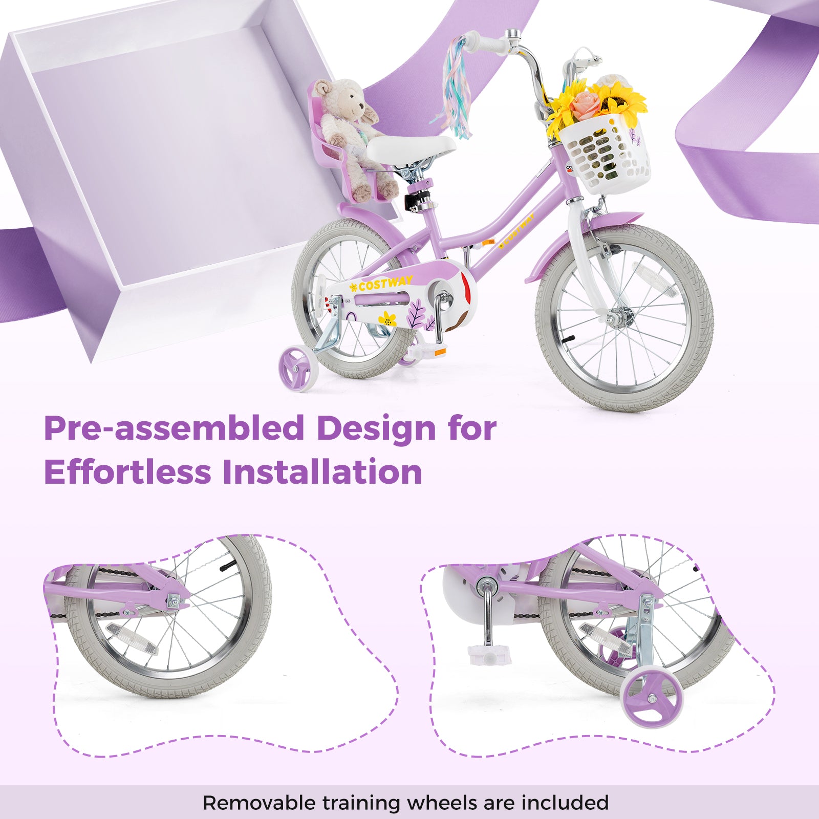 16 Inch Girls Bike, Doll Seat And Streamers, For Children 4-7 Years, Purple Kids Bike at Gallery Canada