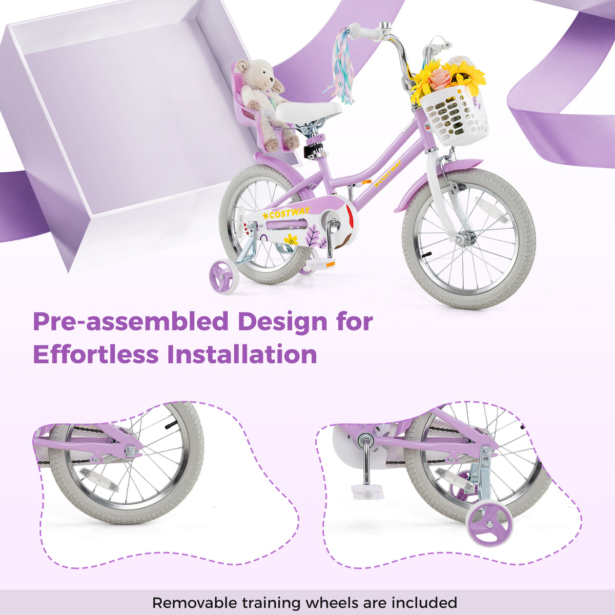 16 Inch Girls Bike, Doll Seat And Streamers, For Children 4-7 Years, Purple Kids Bike at Gallery Canada