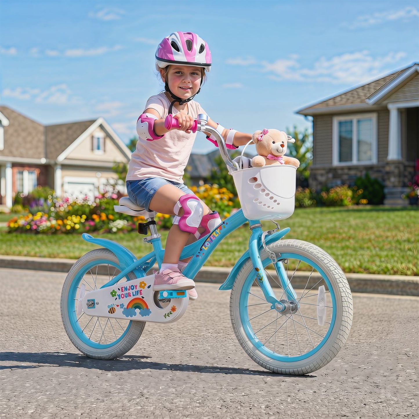16 Inches Girls Bike for 4-7 Years Old with Training Wheels and Basket Spring Party Blue, Blue Kids Bike at Gallery Canada