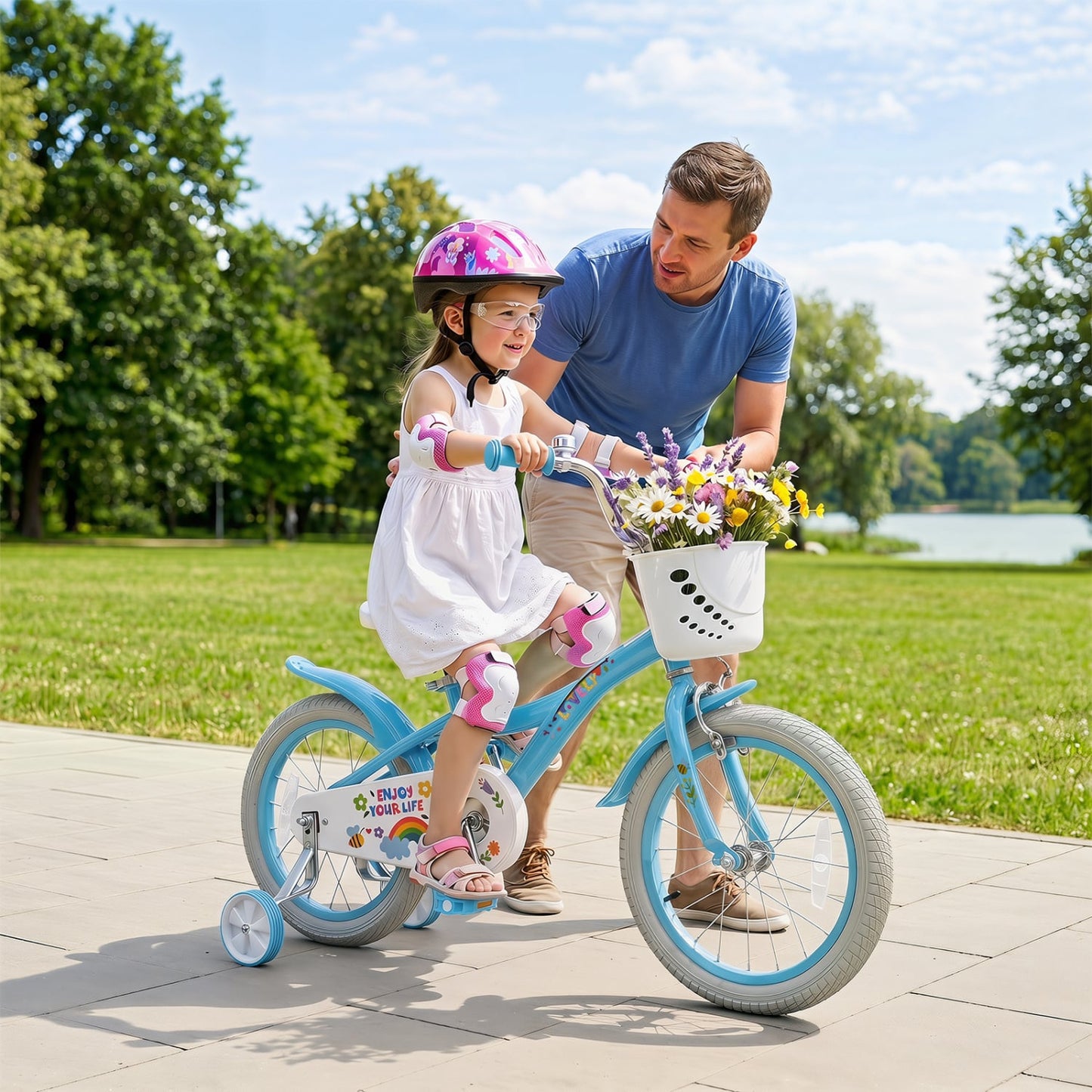 16 Inches Girls Bike for 4-7 Years Old with Training Wheels and Basket Spring Party Blue, Blue Kids Bike at Gallery Canada