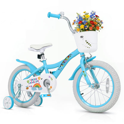 16 Inches Girls Bike for 4-7 Years Old with Training Wheels and Basket Spring Party Blue, Blue Kids Bike at Gallery Canada
